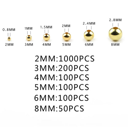 Gold beads of different sizes with corresponding quantities on a white background