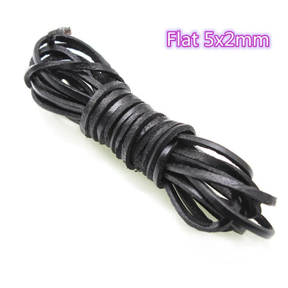 A bundle of black flat leather cords or shoelaces wrapped together, with purple text in the upper right reading 'Flat 5x2mm' on a plain white background.