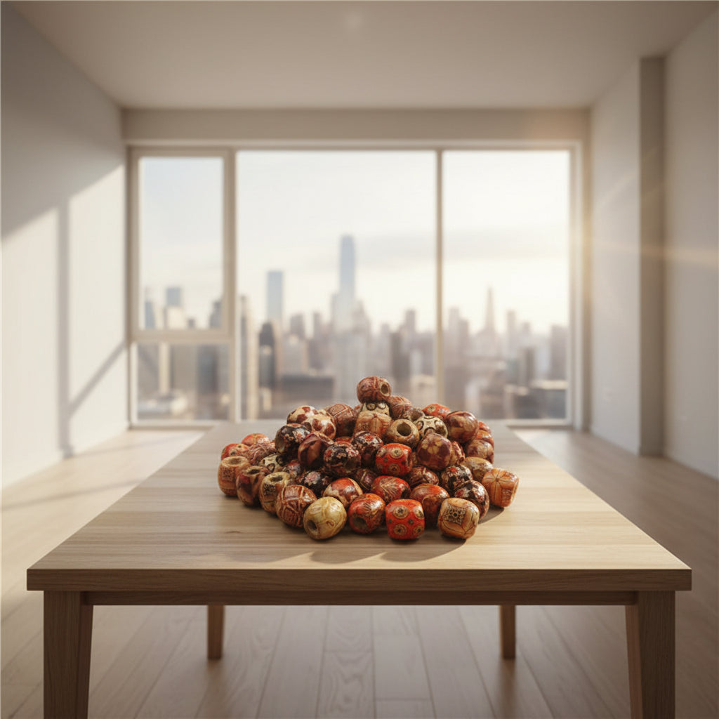 Assorted decorative beads on a table surface
