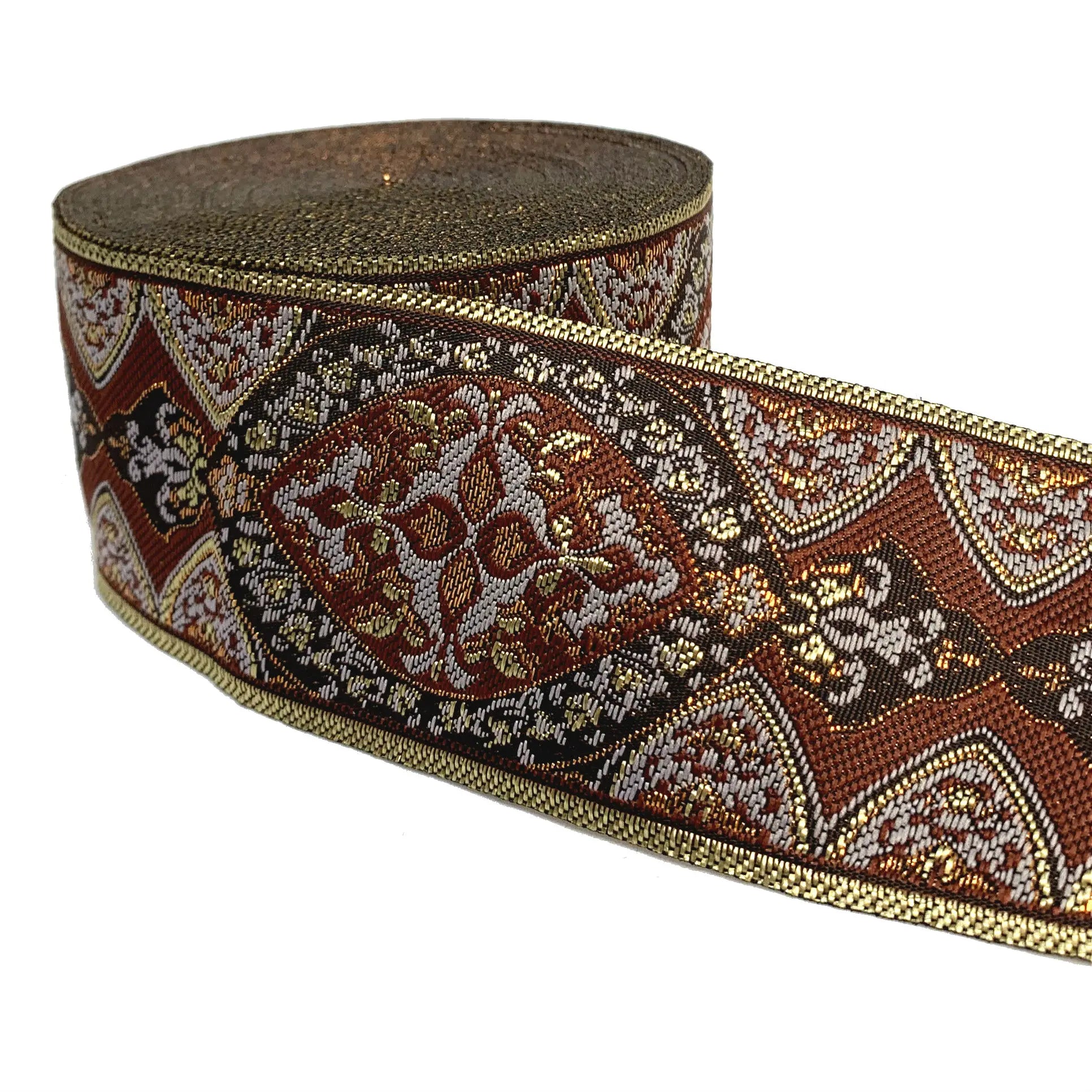 A roll of ornate decorative trim featuring a detailed paisley and floral pattern in brown, gold, beige, and red tones, shown on a plain white background.