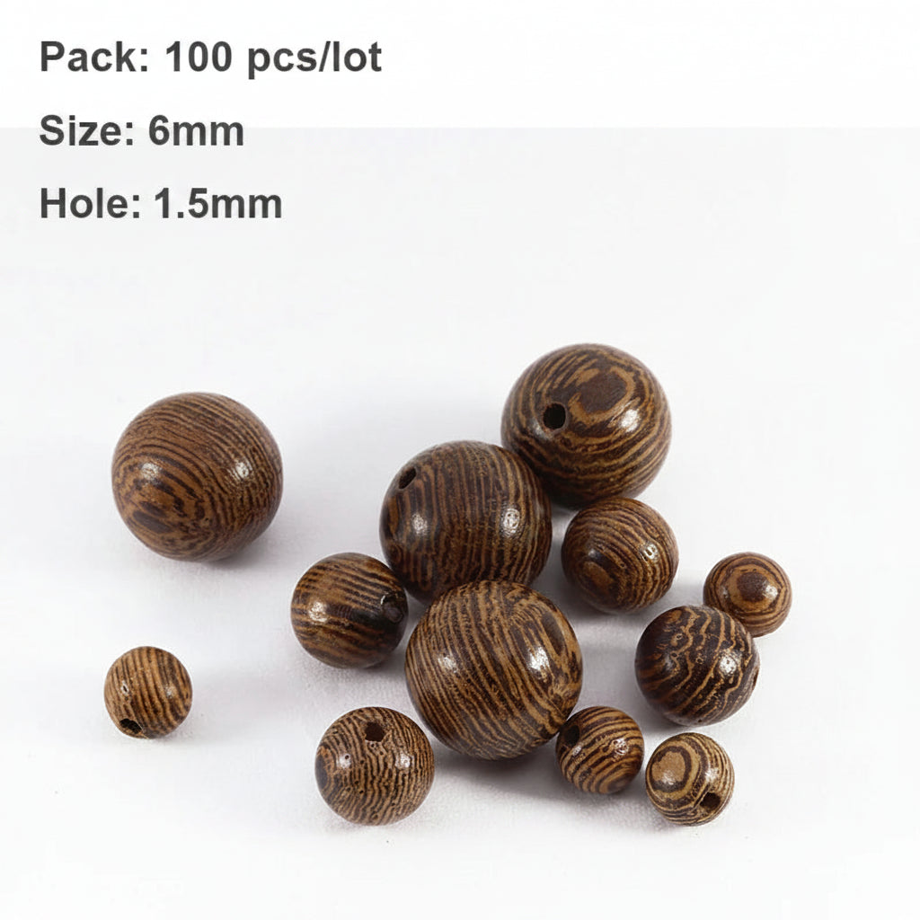 Wooden beads with specifications on a white background