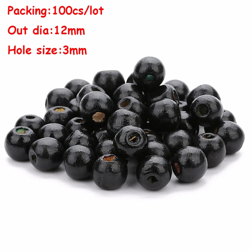 Black beads on a white background with specifications text overlay