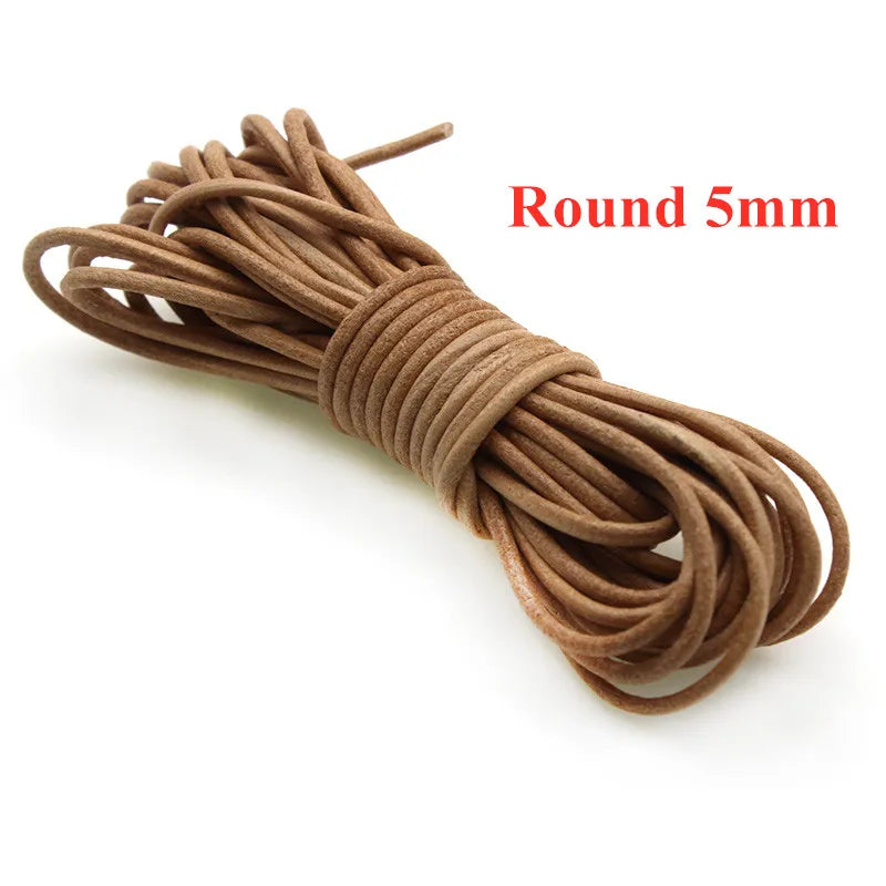 A coiled bundle of light brown suede or suede cord, labeled with red text 'Round 5mm' on a plain white background.