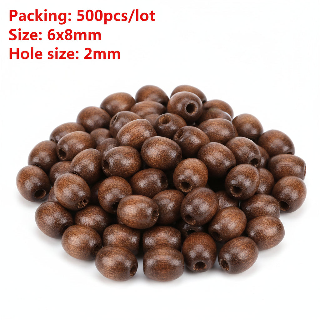 Brown beads on a white background with text indicating packaging, size, and hole size.