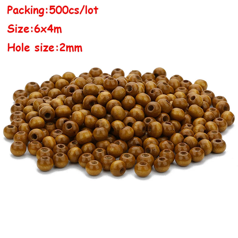 Pile of wooden beads with specifications on a white background