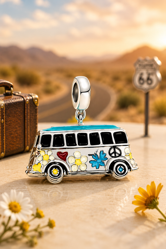 Hippie Van Charm | Colorful Peace Sign & Flower Bus Bead | Road Trip Charm for DIY Bracelets & Jewelry Making