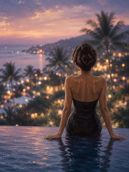 Luxury Poolside Wall Art Print – Tropical Sunset Coastal Printable Art