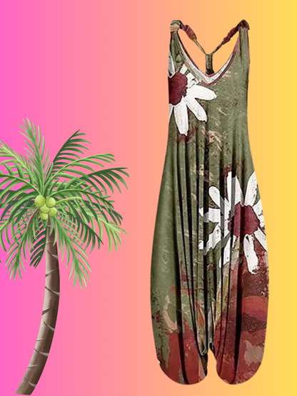 Harem Jumpsuit for Women Boho Floral Beach Tie Dye Backless Jumpsuit Rompers