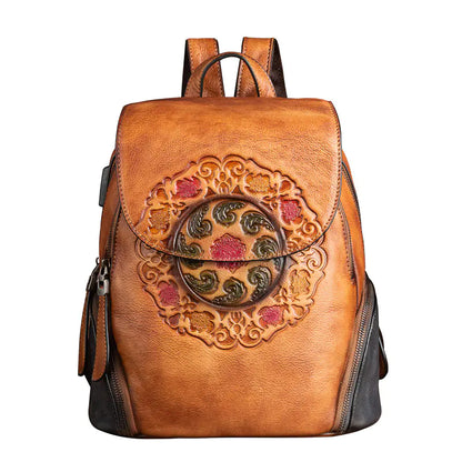 Vintage Handmade Floral Leather Backpack for Women