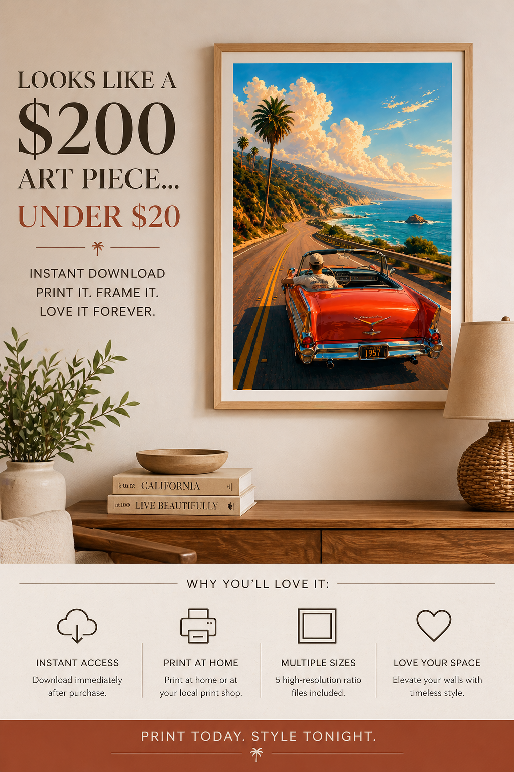 Pacific Coast Highway Wall Art | Coastal Printable Car Print (Instant Download)