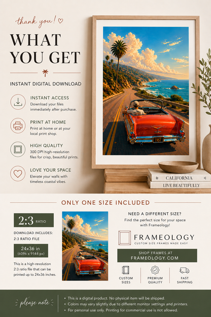 Pacific Coast Highway Wall Art | Coastal Printable Car Print (Instant Download)