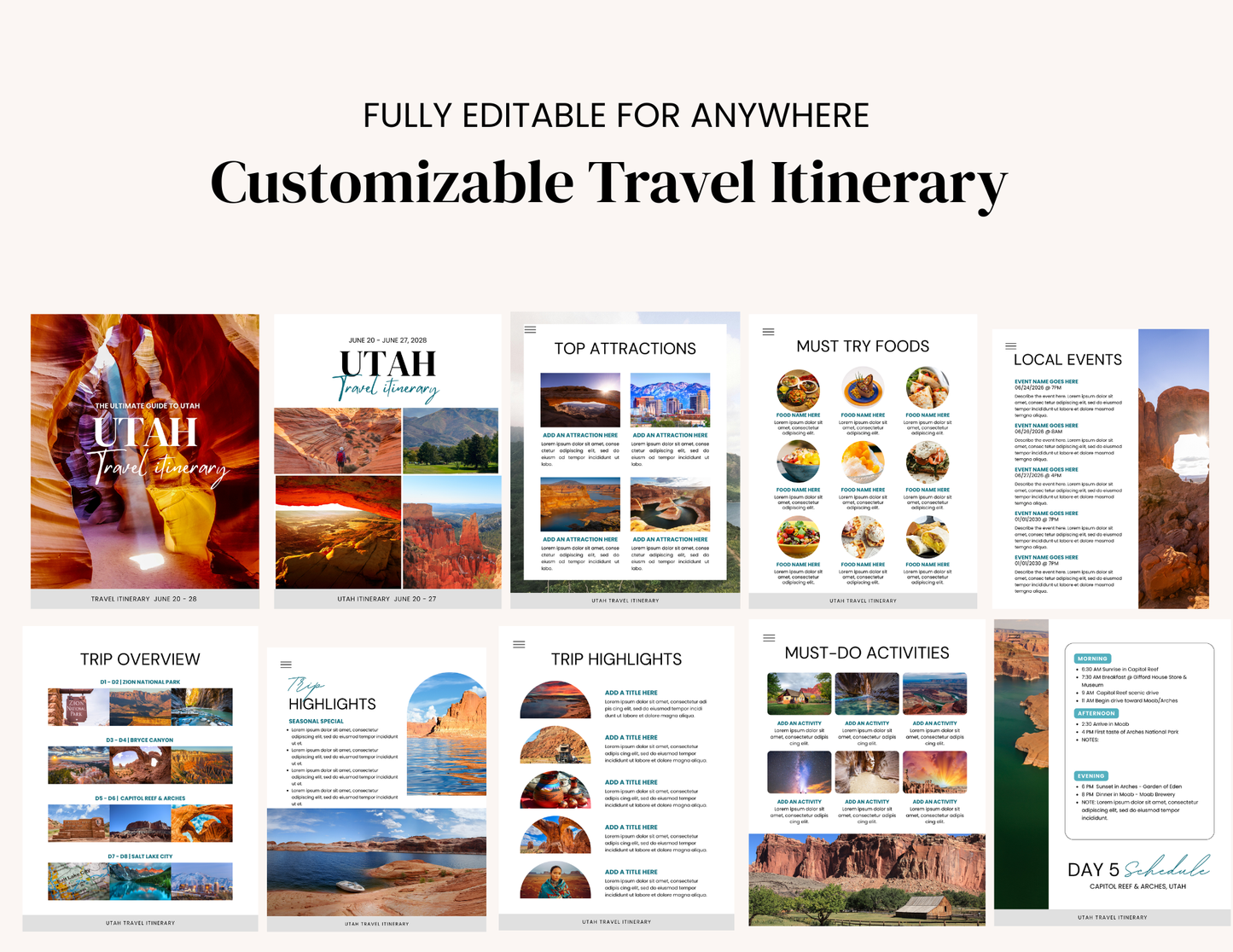 Utah National Parks Itinerary Template | Editable Road Trip Planner | BONUS Hidden Utah Guide | Zion Bryce Arches