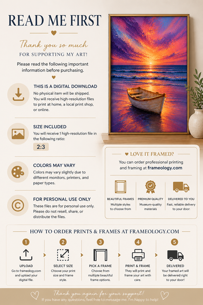 Sunset Boat Wall Art Print | Coastal Ocean Beach Decor | Printable Download