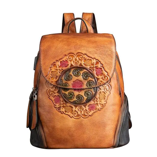 Vintage Handmade Floral Leather Backpack for Women