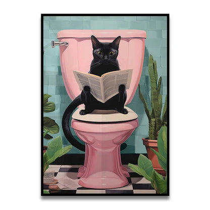Bathroom Cat Reading on Toilet Canvas Wall Art Print Poster Funny Animal Decor Painting Home Room Decor Gift Unframed