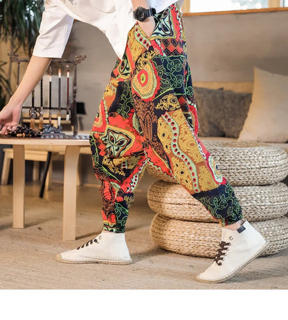 Men Harem Pants Print Retro Drop Crotch Joggers Trousers Men Baggy Loose Nepal Style Men Casual Pants M-5Xl