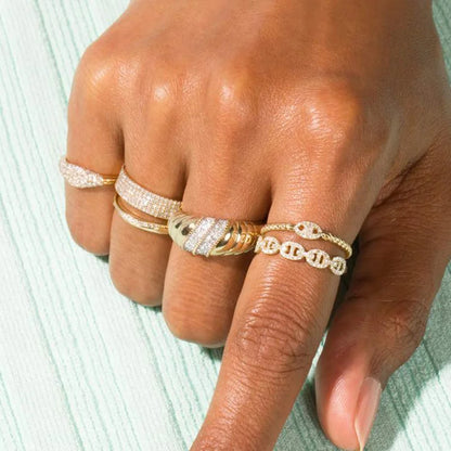 Gold CZ Link Ring | Micro Pave Zircon Chain Ring | Stackable Statement Ring | Punk Minimalist Jewelry for Women | Trendy Gift