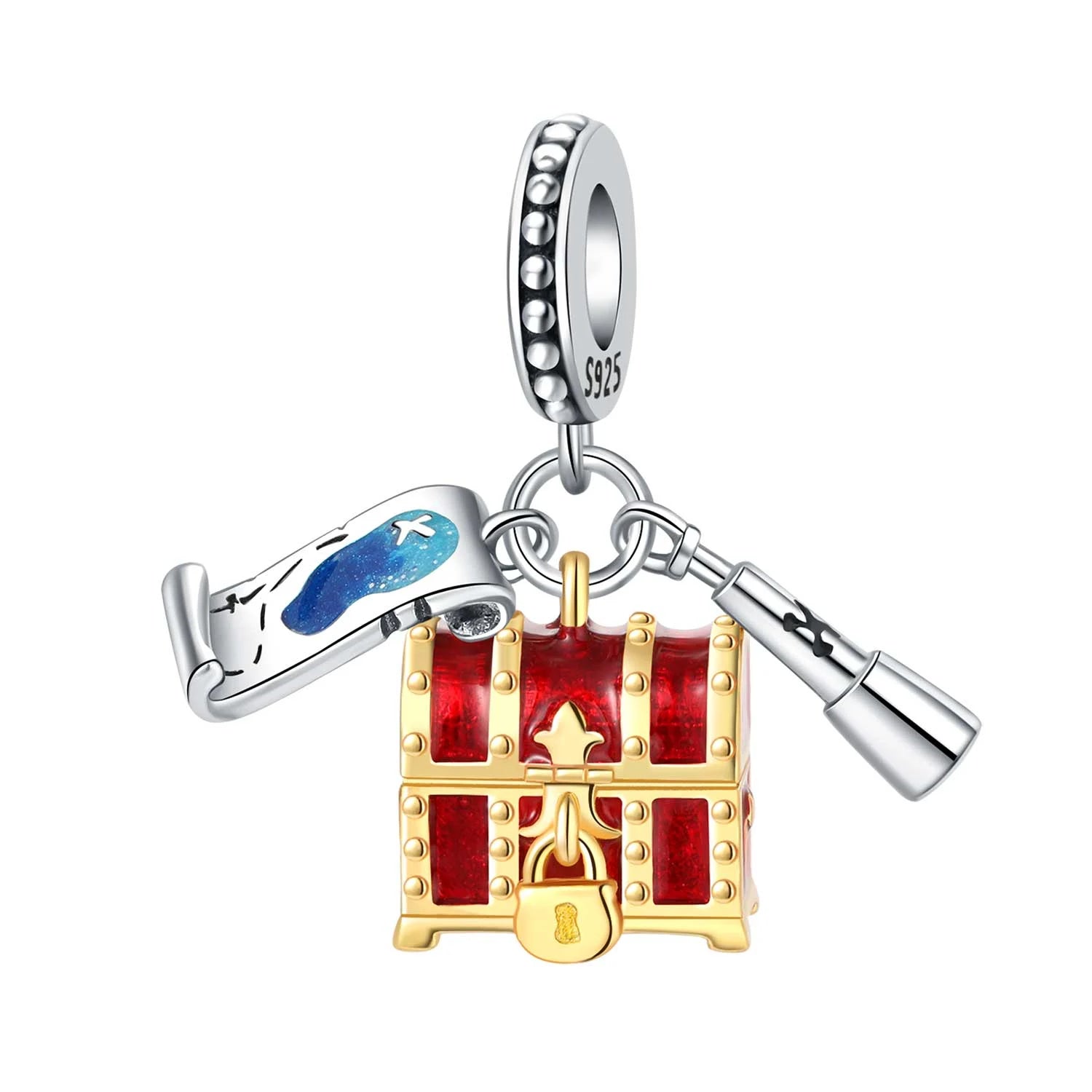 Jewelry charm with red treasure chest and gold lock on a white background