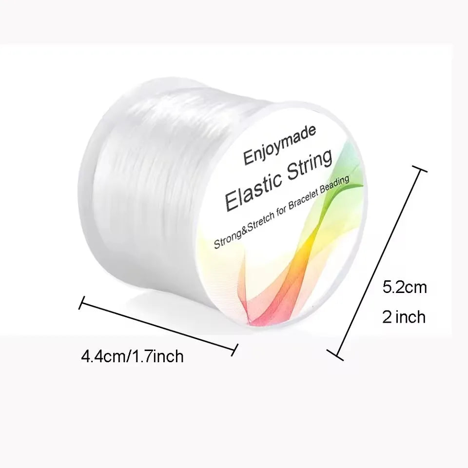 Spool of Enjoymade elastic string with dimensions on a white background