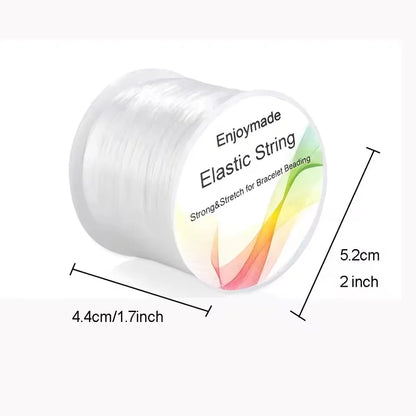 Spool of Enjoymade elastic string with dimensions on a white background