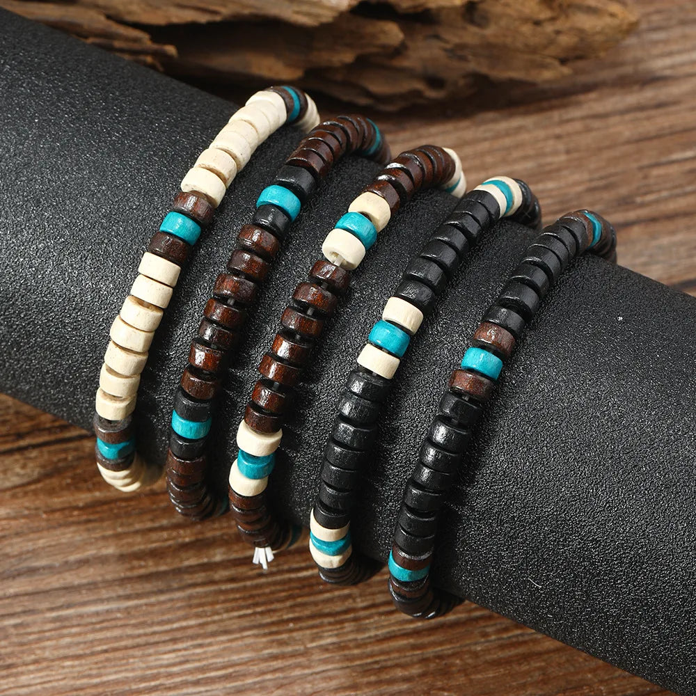 Ethnic New Bracelet for Men Simple Solid Color Wooden Bead Beaded Bracelet Fashion Men's Bracelet Set Item Jewelry Accessories