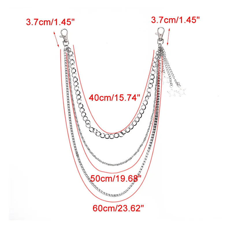 Silver-toned layered chain necklace with three hanging chain styles, shown on a white background with red measurement lines and text indicating lengths from 3.7cm to 60cm.