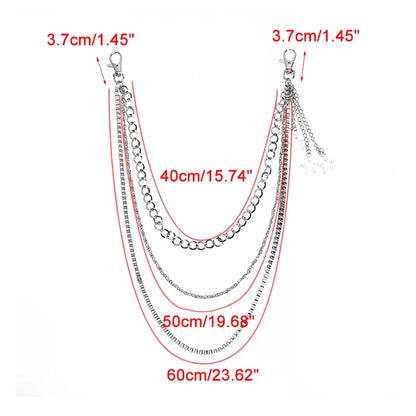 Silver-toned layered chain necklace with three hanging chain styles, shown on a white background with red measurement lines and text indicating lengths from 3.7cm to 60cm.
