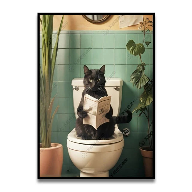 Bathroom Cat Reading on Toilet Canvas Wall Art Print Poster Funny Animal Decor Painting Home Room Decor Gift Unframed