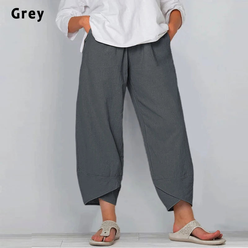 Women's Harem Pants Vintage Cotton Linen Elastic Waist Wide Leg Trousers Female Casual Solid Pockets Loose Cropped Pants