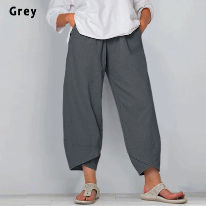 Women's Harem Pants Vintage Cotton Linen Elastic Waist Wide Leg Trousers Female Casual Solid Pockets Loose Cropped Pants