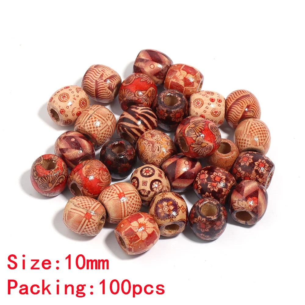 Assorted wooden beads with patterns on a white background, size 10mm, packing 100pcs.