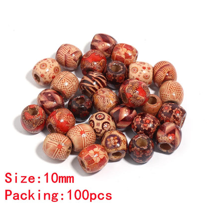 Assorted wooden beads with patterns on a white background, size 10mm, packing 100pcs.