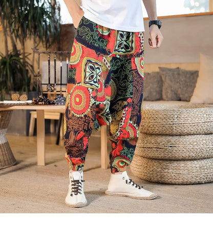 Men Harem Pants Print Retro Drop Crotch Joggers Trousers Men Baggy Loose Nepal Style Men Casual Pants M-5Xl