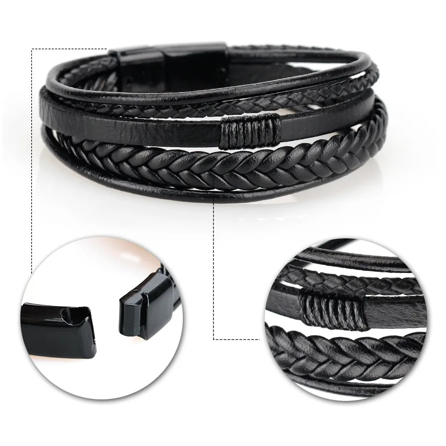 Black braided leather bracelet with close-up details on a white background