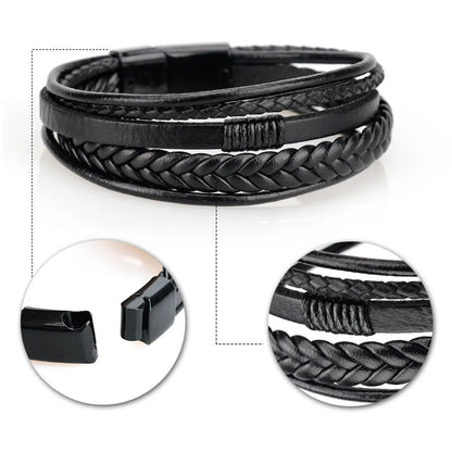 Black braided leather bracelet with close-up details on a white background