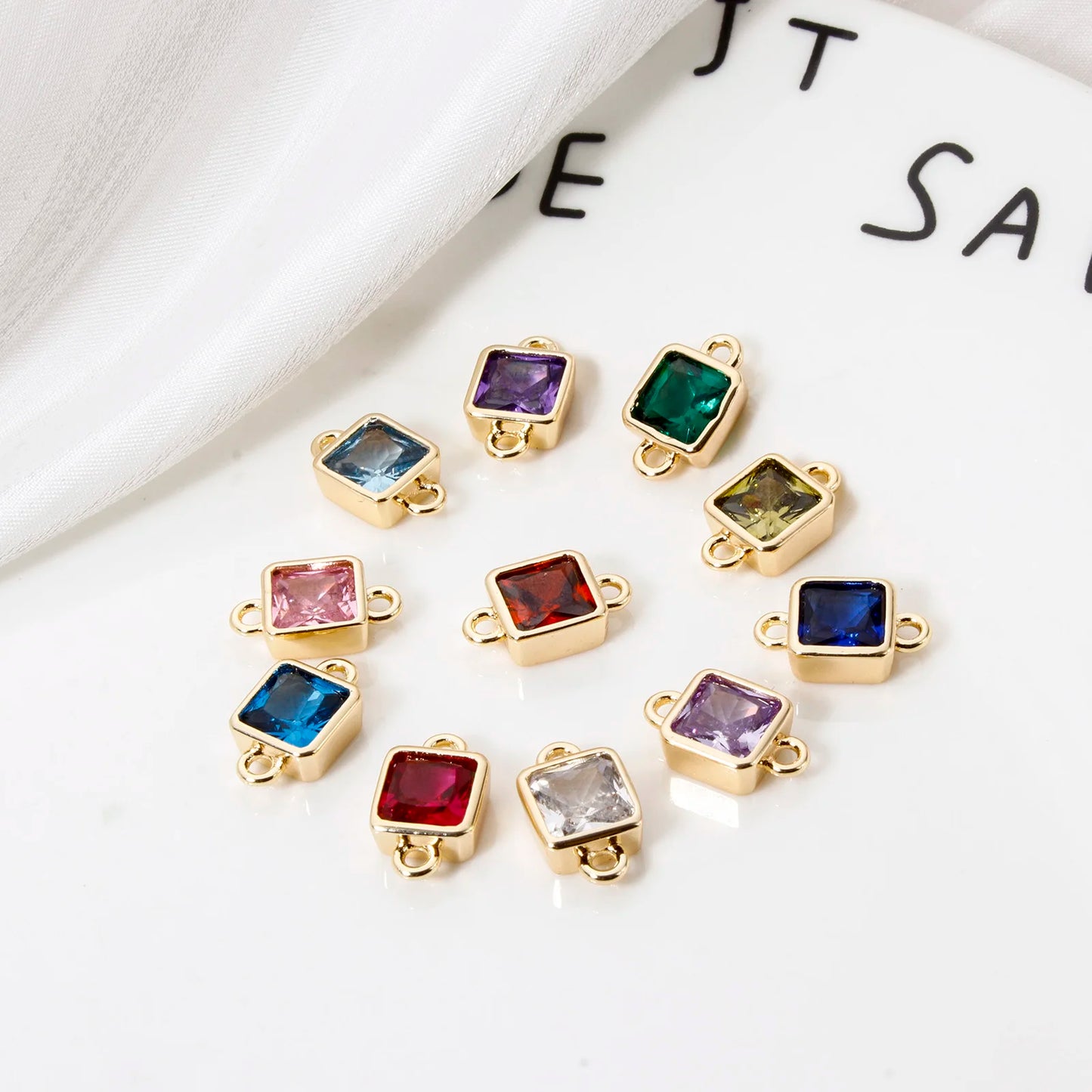 18K Gold Birthstone Connectors | Brass Square Charm Links | 2-Piece DIY Necklace, Bracelet & Earring Jewelry Findings