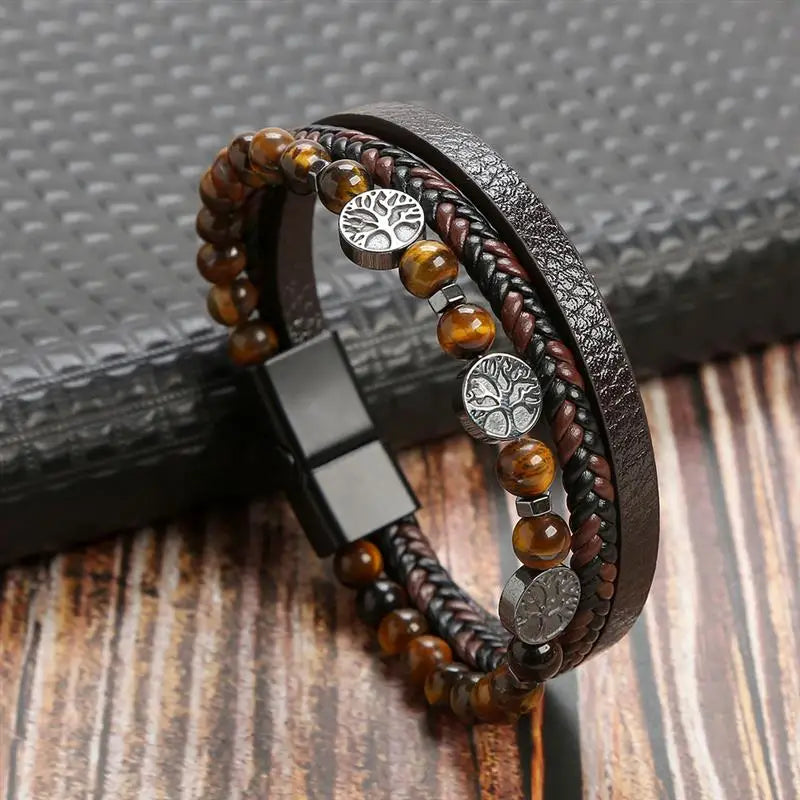 Men’s Multilayer Leather Bracelet | Handwoven Design with Magnetic Alloy Clasp