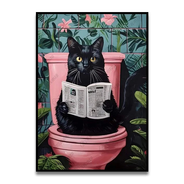 Bathroom Cat Reading on Toilet Canvas Wall Art Print Poster Funny Animal Decor Painting Home Room Decor Gift Unframed