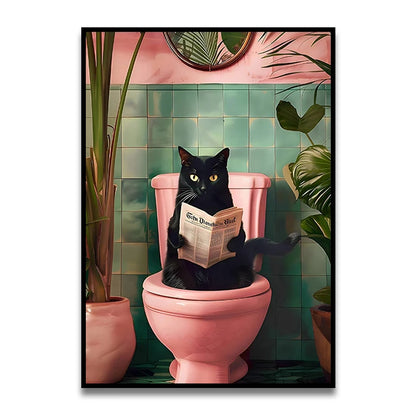 Bathroom Cat Reading on Toilet Canvas Wall Art Print Poster Funny Animal Decor Painting Home Room Decor Gift Unframed