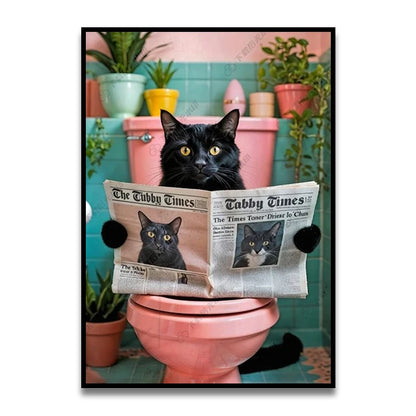 Bathroom Cat Reading on Toilet Canvas Wall Art Print Poster Funny Animal Decor Painting Home Room Decor Gift Unframed
