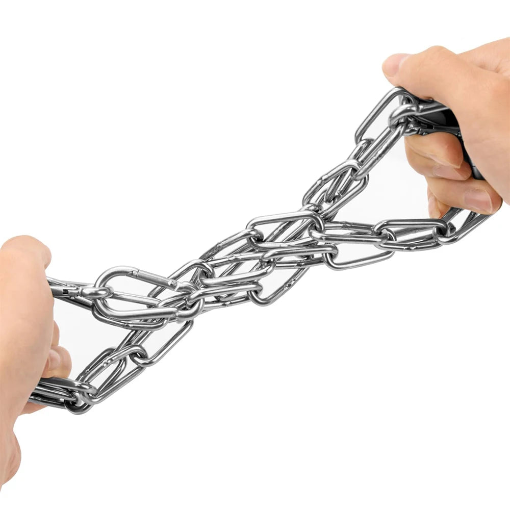 A close-up of a heavy metal chain being pulled apart by two hands against a plain white background.