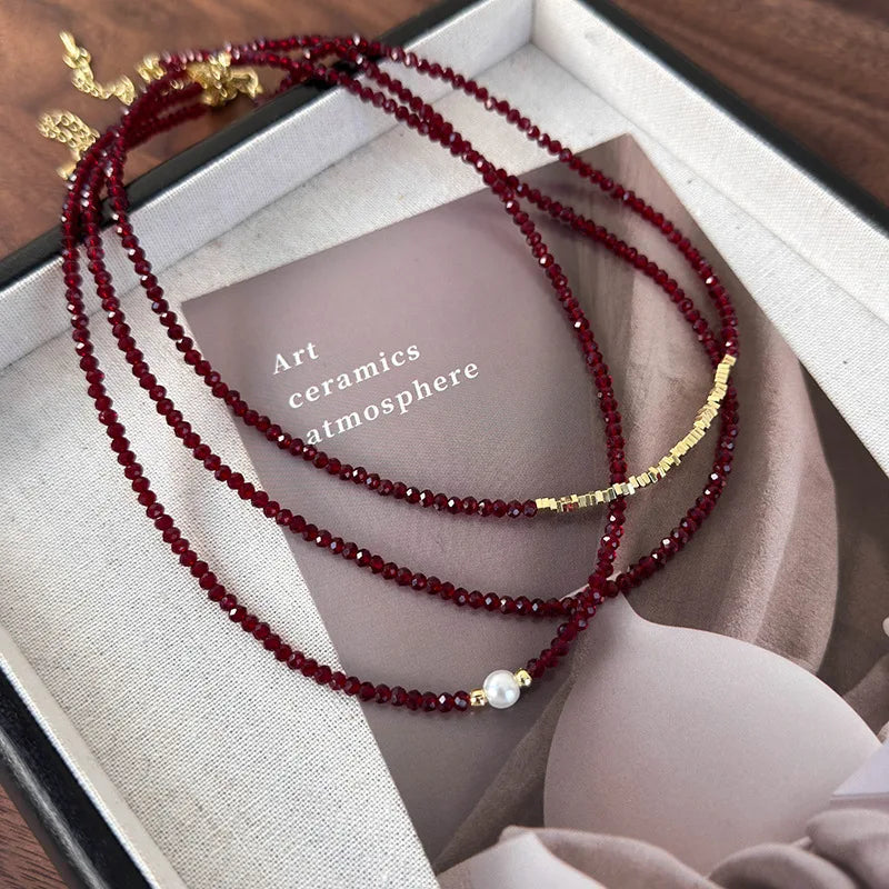 Red Pearl Bead Necklace | Glass Statement Necklace | Elegant Collarbone Jewelry Gift for Women