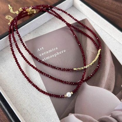 Red Pearl Bead Necklace | Glass Statement Necklace | Elegant Collarbone Jewelry Gift for Women