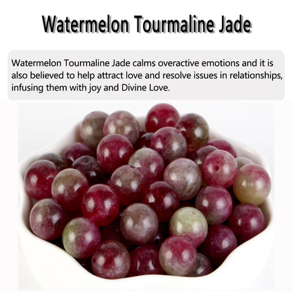 Bowl of watermelon tourmaline jade stones with text about their properties.