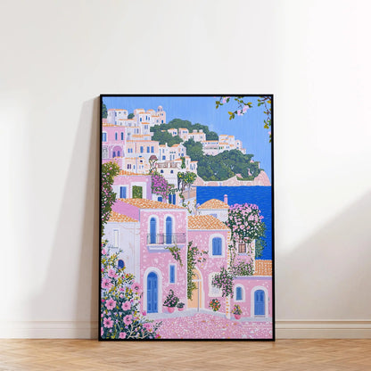 1pc Modern Cityscape Travel Mural Pink Flowers Nature Landscape Buildings Art Poster European City Mural Unframed Home Decor