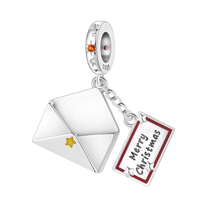 Silver charm with envelope and 'Merry Christmas' tag on a white background