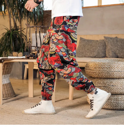 Men Harem Pants Print Retro Drop Crotch Joggers Trousers Men Baggy Loose Nepal Style Men Casual Pants M-5Xl
