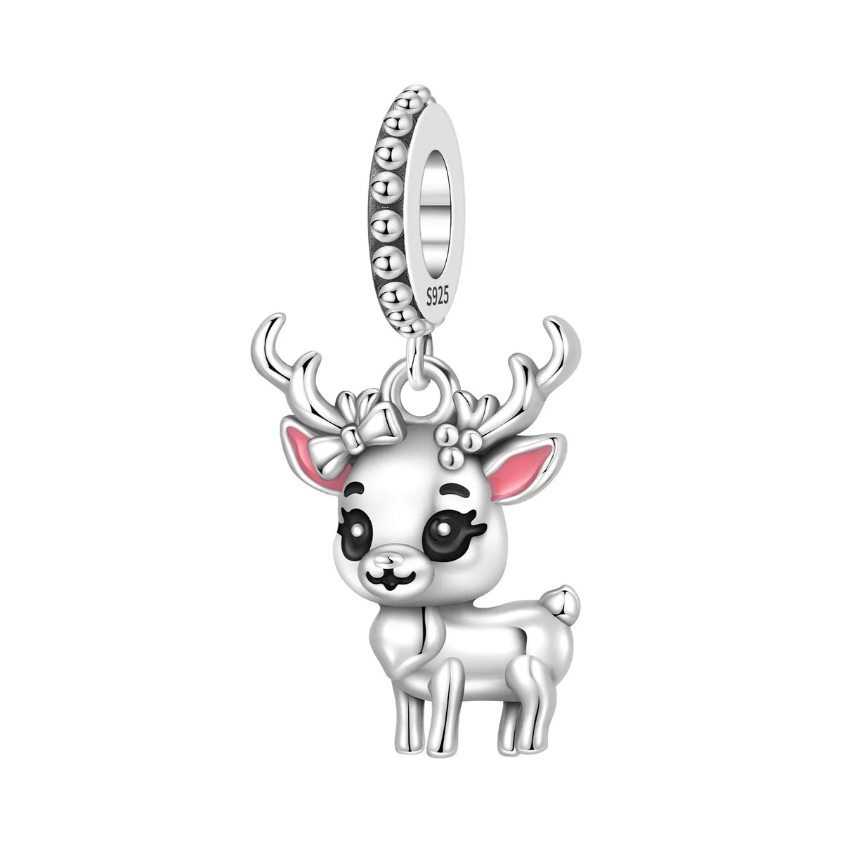 A silver charm shaped like a cute cartoon reindeer with pink inner ears, black eyes, and a silver bail decorated with small clear rhinestones. The bail has 'S925' stamped on it, indicating sterling silver.