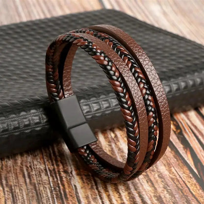 Men’s Multilayer Leather Bracelet | Handwoven Design with Magnetic Alloy Clasp