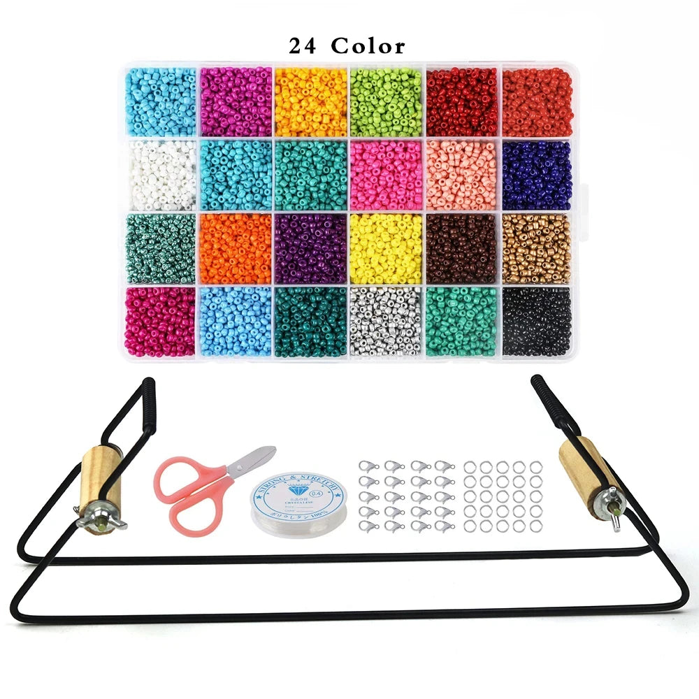 Bead kit with 24 color options, tools, and materials on a white background